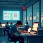 Team working late in a modern office with data dashboards and city views, focused on their computers. | Cyberinsure.sg