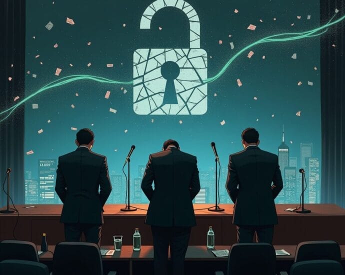 Three men facing a screen with an unlocked padlock, city skyline backdrop. | Cyberinsure.sg