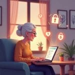 Senior woman using laptop with security icons. Online safety for seniors. | Cyberinsure.sg