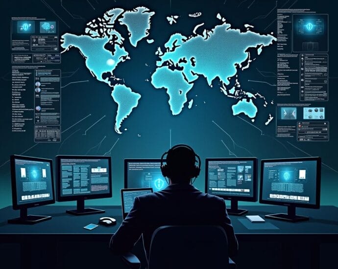 Cybersecurity analyst monitoring a global network for threat detection. | Cyberinsure.sg