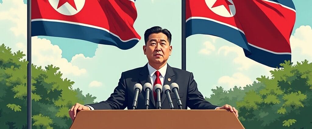North Korean leader at podium with DPRK flags. Speech or announcement. | Cyberinsure.sg
