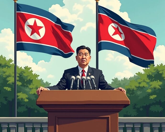 North Korean leader at podium with DPRK flags. Speech or announcement. | Cyberinsure.sg