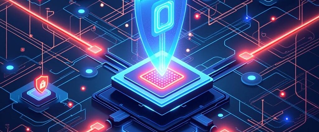 Cybersecurity network with glowing shields protecting data flow in a digital landscape. | Cyberinsure.sg