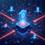 Cybersecurity network with glowing shields protecting data flow in a digital landscape. | Cyberinsure.sg