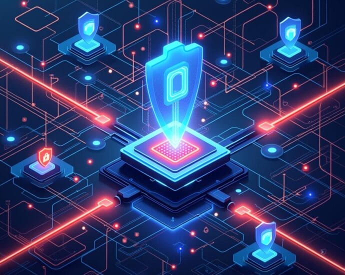 Cybersecurity network with glowing shields protecting data flow in a digital landscape. | Cyberinsure.sg