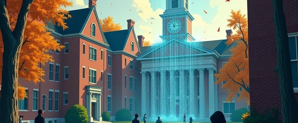 Autumn campus scene with students, red brick buildings, and a clock tower emitting blue light beams. | Cyberinsure.sg