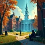 Autumn campus scene with students, red brick buildings, and a clock tower emitting blue light beams. | Cyberinsure.sg