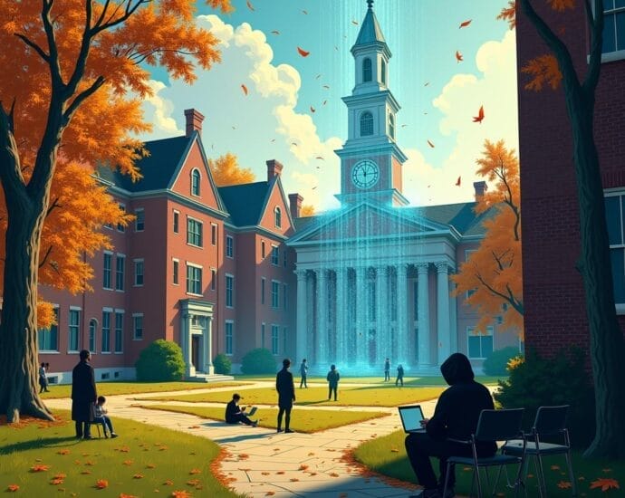 Autumn campus scene with students, red brick buildings, and a clock tower emitting blue light beams. | Cyberinsure.sg