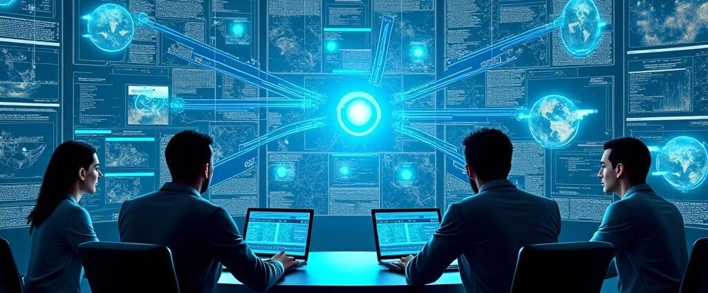 Cybersecurity team analyzes threat intelligence data in a high-tech control room. | Cyberinsure.sg