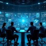 Cybersecurity team analyzes threat intelligence data in a high-tech control room. | Cyberinsure.sg