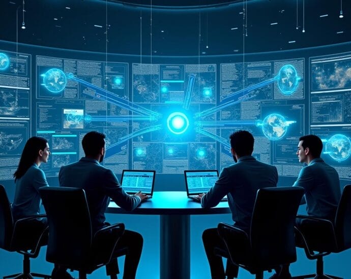 Cybersecurity team analyzes threat intelligence data in a high-tech control room. | Cyberinsure.sg