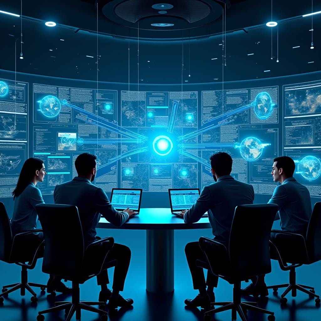 Cybersecurity team analyzes threat intelligence data in a high-tech control room. | Cyberinsure.sg