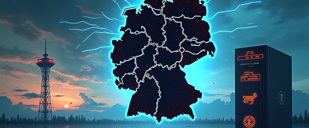 Futuristic Germany map with glowing outlines, server, and Berlin TV Tower at sunset. | Cyberinsure.sg
