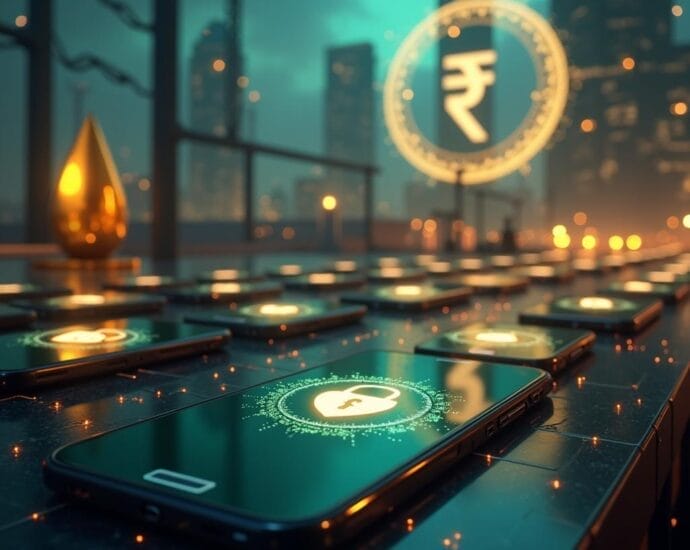 Digital currency on smartphones with blockchain lock, cryptocurrency investments in city skyline | Cyberinsure.sg