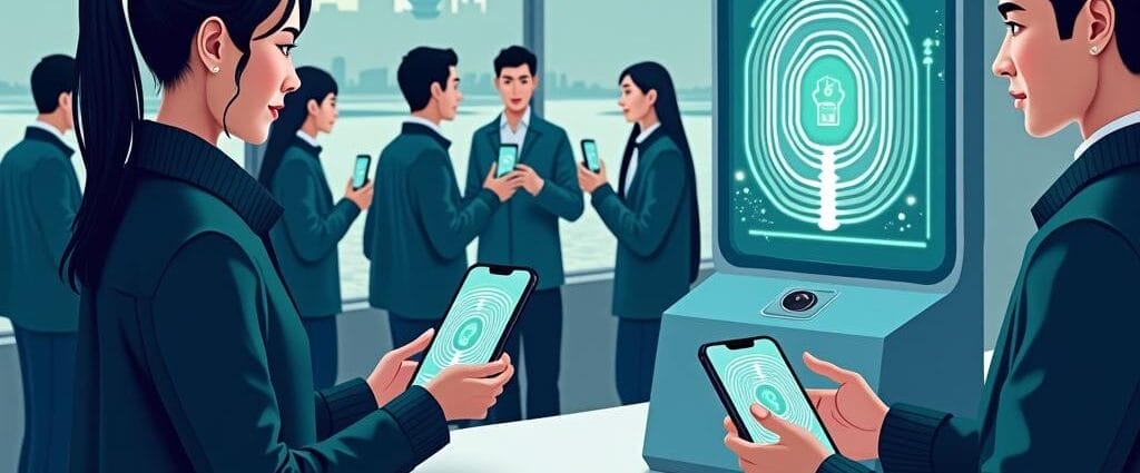 People using mobile access badges for contactless security at a modern office entrance. | Cyberinsure.sg