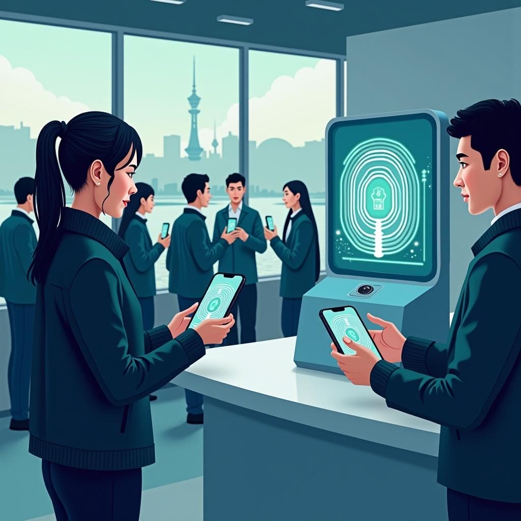 People using mobile access badges for contactless security at a modern office entrance. | Cyberinsure.sg