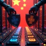 Cybersecurity shields protect data servers under the Chinese flag, highlighting digital defense. | Cyberinsure.sg