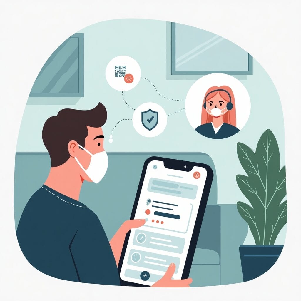 Man with mask using telehealth app on phone for virtual doctor visit. | Cyberinsure.sg