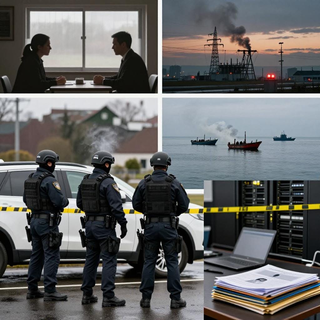 Collage of crime investigation scenes: interrogation, power plant, police, boats, data. | Cyberinsure.sg