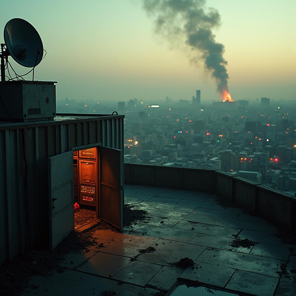 Rooftop satellite dish, open door to equipment room, and distant city fire. | Cyberinsure.sg