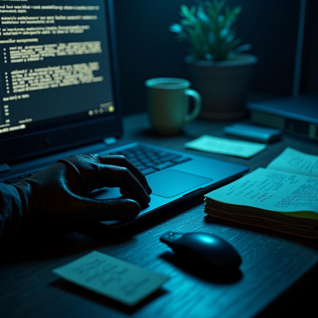Coding at night: Hand on laptop touchpad, code on screen, coffee, notes. Programmer workspace. | Cyberinsure.sg