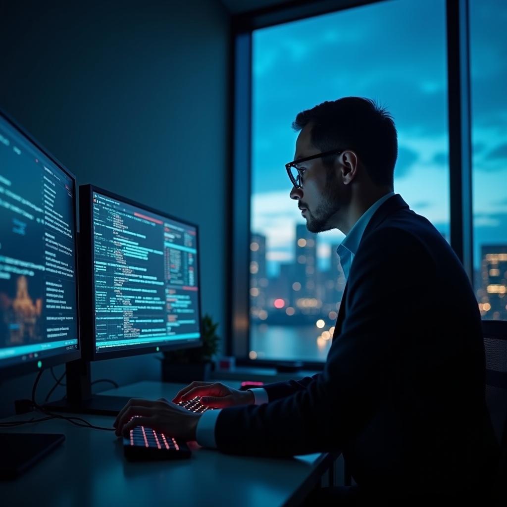 Programmer working late at night with code on dual monitors. City skyline in background. | Cyberinsure.sg