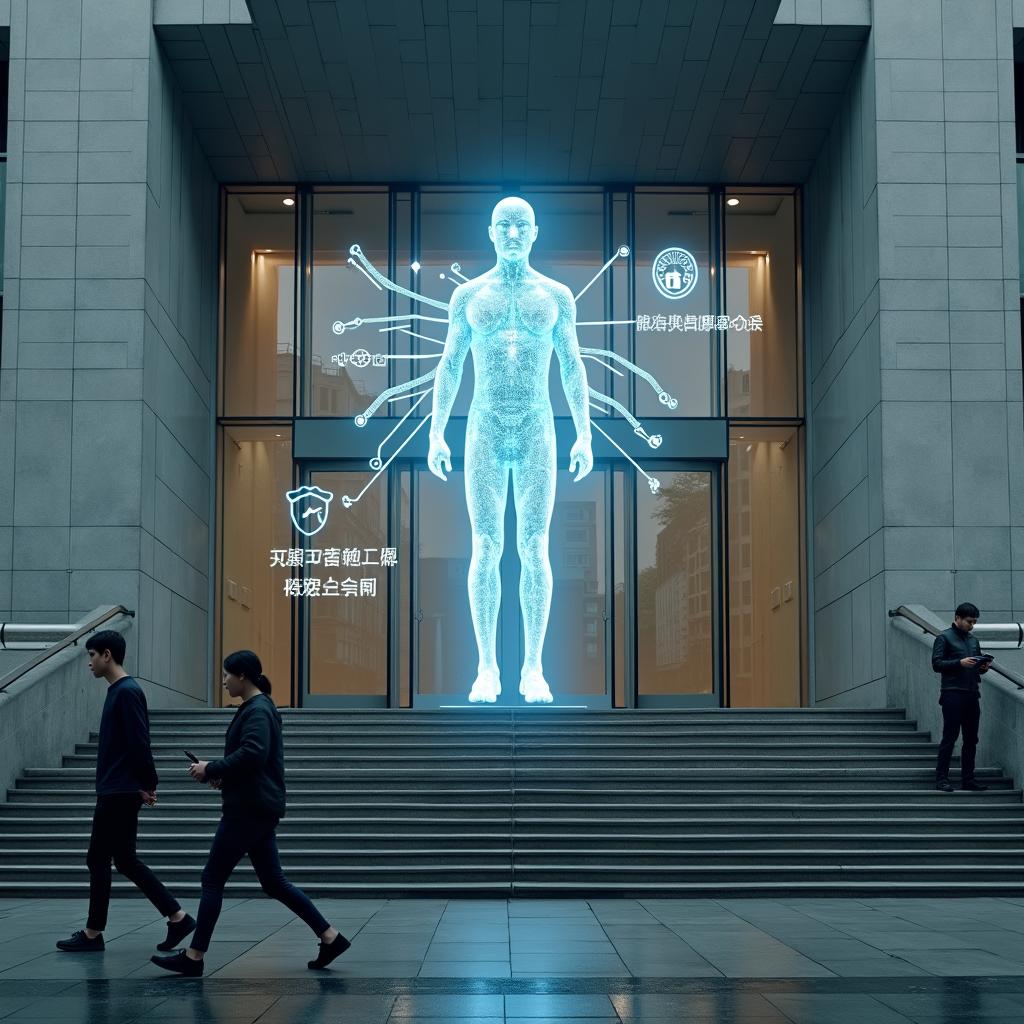 Futuristic building entrance with holographic human figure and tech displays. | Cyberinsure.sg