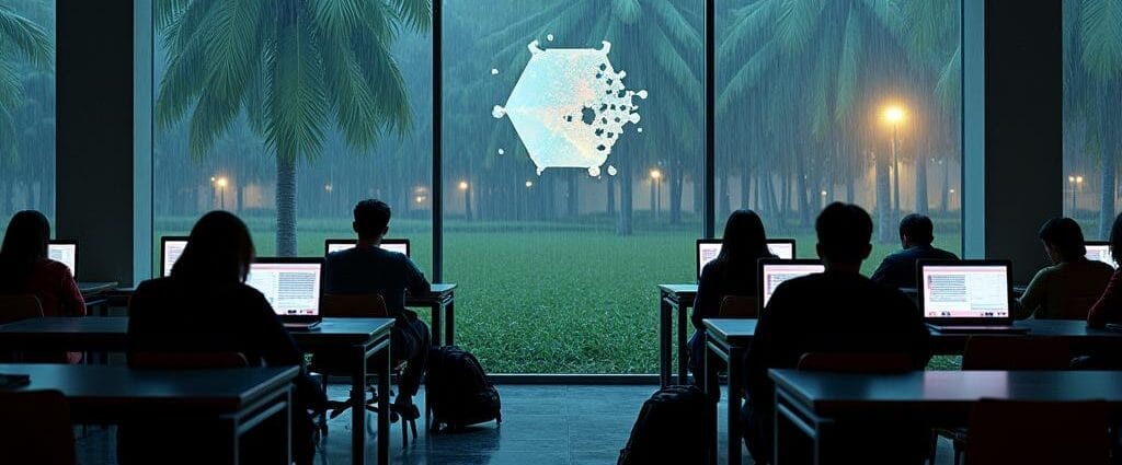 Students in a classroom with a rainy palm tree view and a digital art piece | Cyberinsure.sg