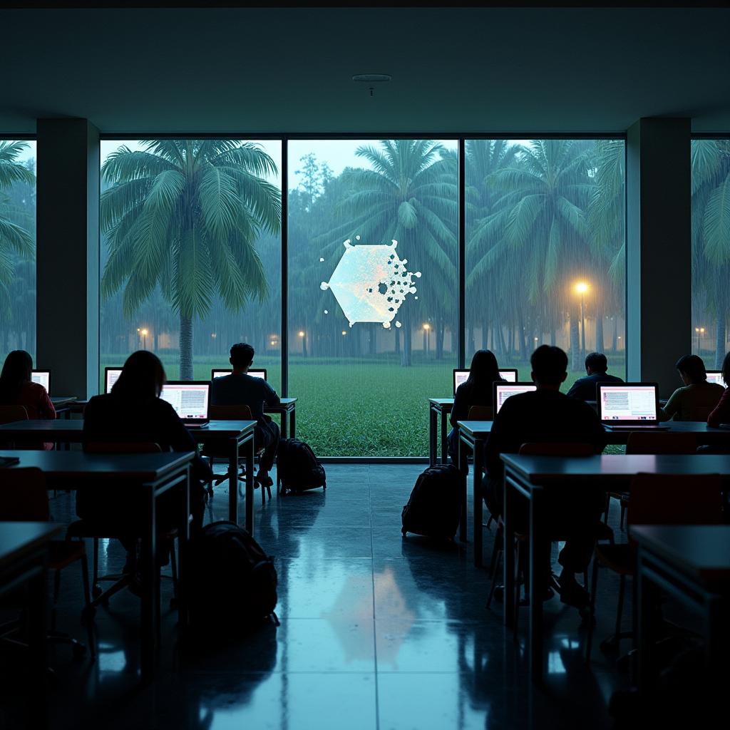 Students in a classroom with a rainy palm tree view and a digital art piece | Cyberinsure.sg