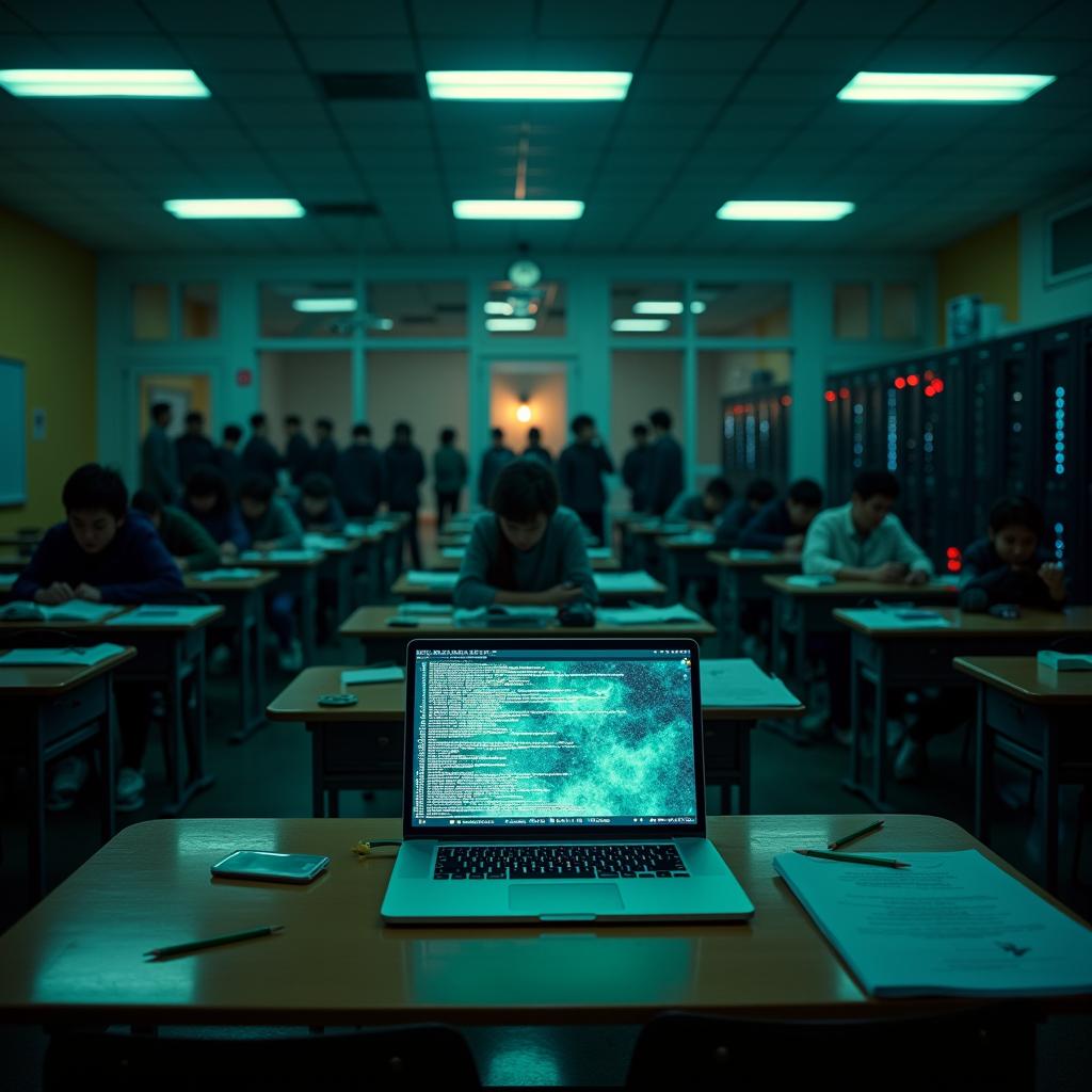 Laptop screen displays code in a dimly lit classroom with students at desks. | Cyberinsure.sg