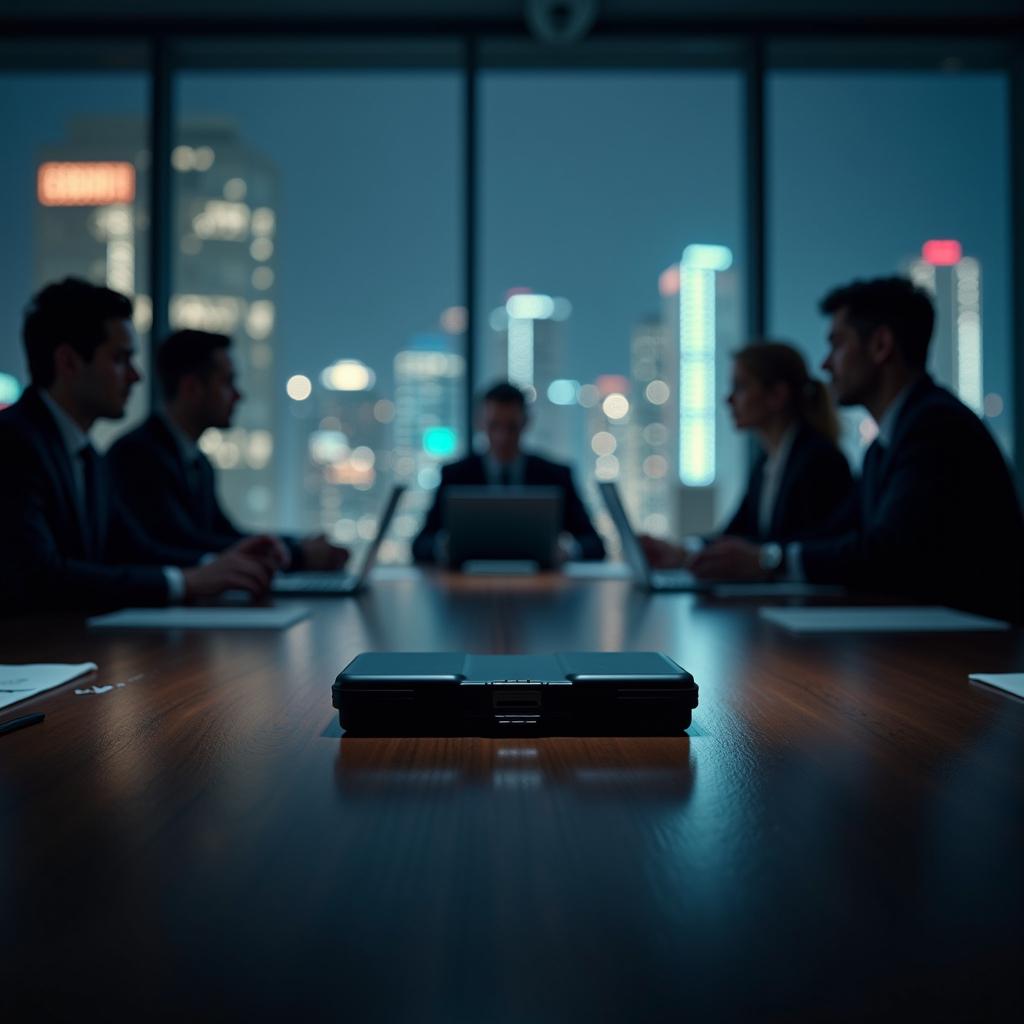 Business meeting in a modern boardroom with city skyline at night | Cyberinsure.sg